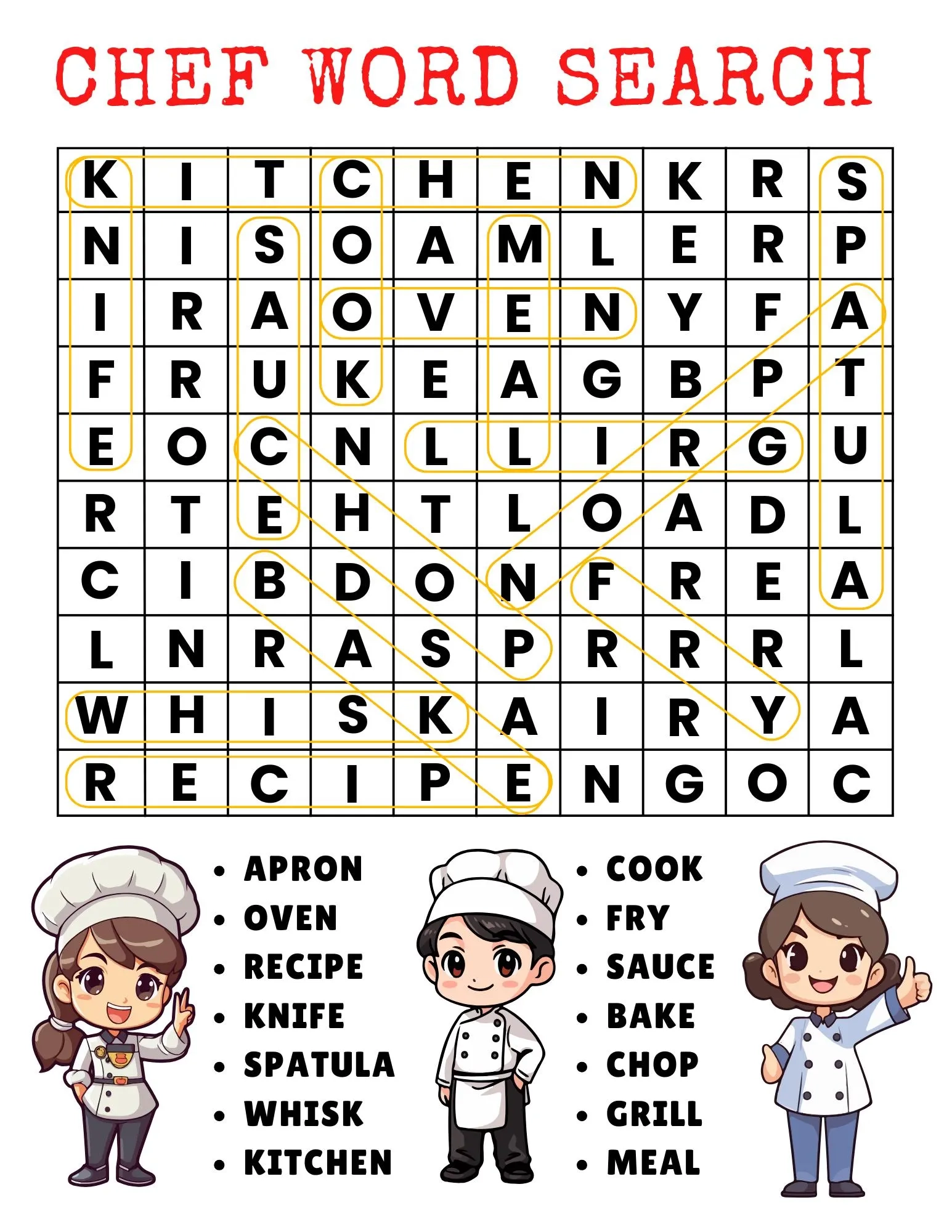 Printable Chef Word Search With Answer Key Fun For Cooking Party Classroom Or Quiet Play Etsy