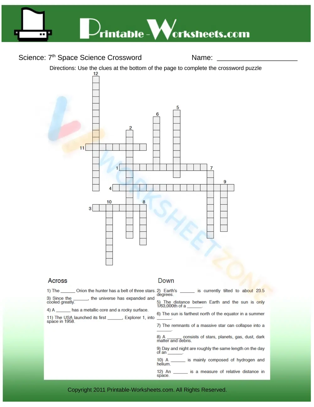 Printable Space Science Crossword Grade 7 Worksheet