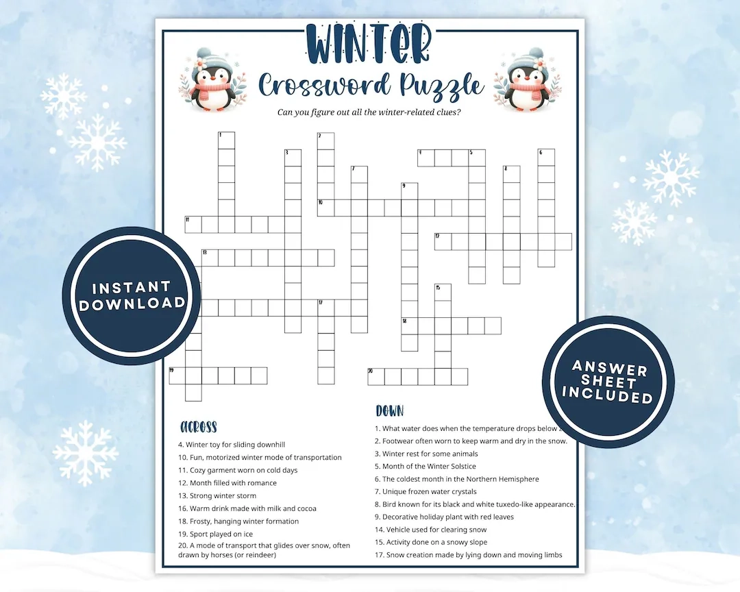 Printable Winter Crossword Puzzle For Kids And Adults Fun Winter Word Game For Family Game Night Or Classroom Activities Instant Download Etsy Israel
