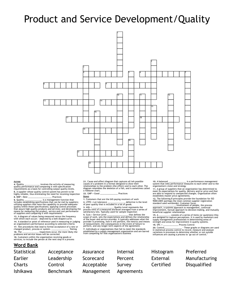 Product And Service Development Quality Crossword WordMint