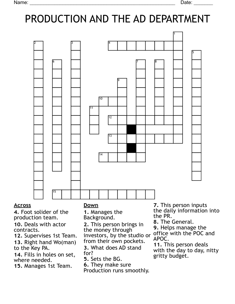 PRODUCTION AND THE AD DEPARTMENT Crossword WordMint