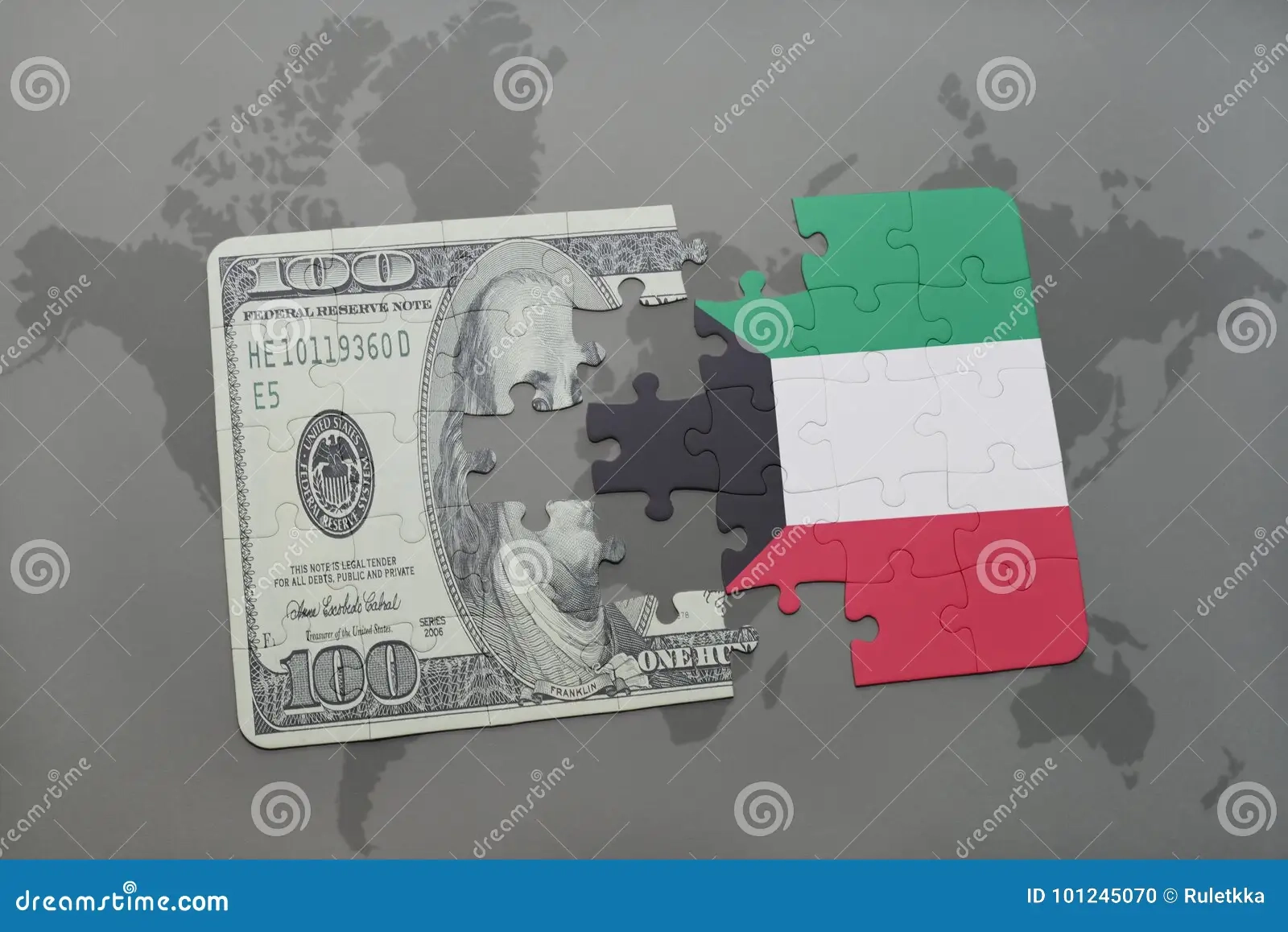 Puzzle With The National Flag Of Kuwait And Dollar Banknote On A World Map Background Stock Photo Image Of Capital Buck 101245070