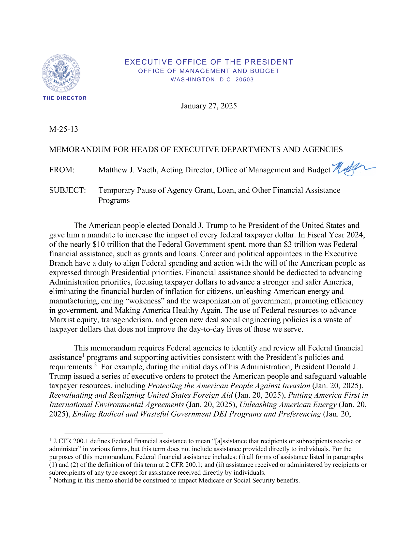 Read The Memo Pausing Federal Grants And Loans The New York Times