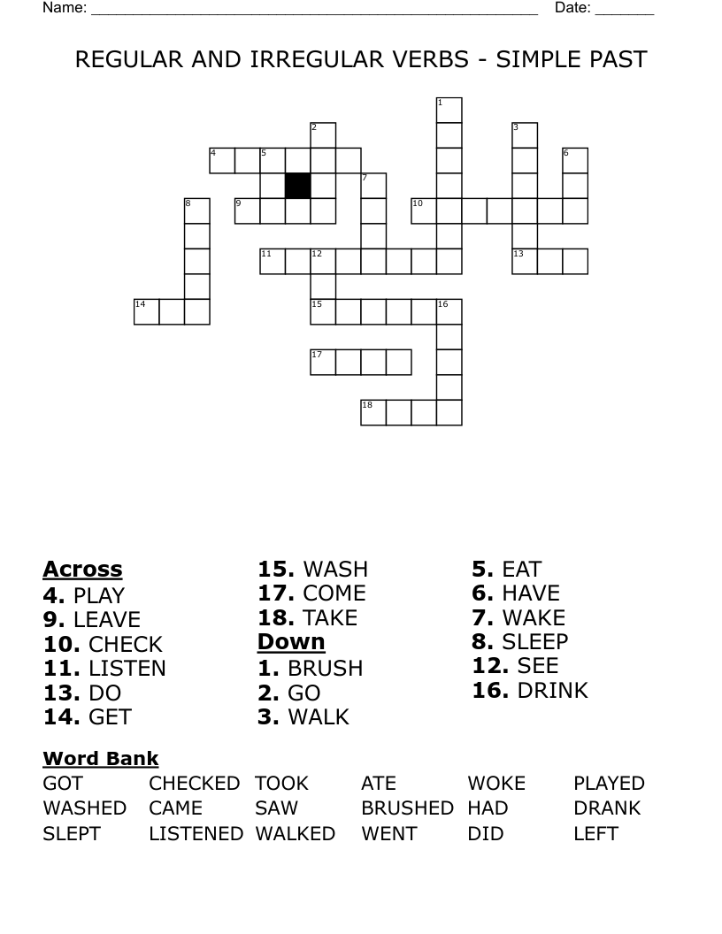 REGULAR AND IRREGULAR VERBS SIMPLE PAST Crossword WordMint