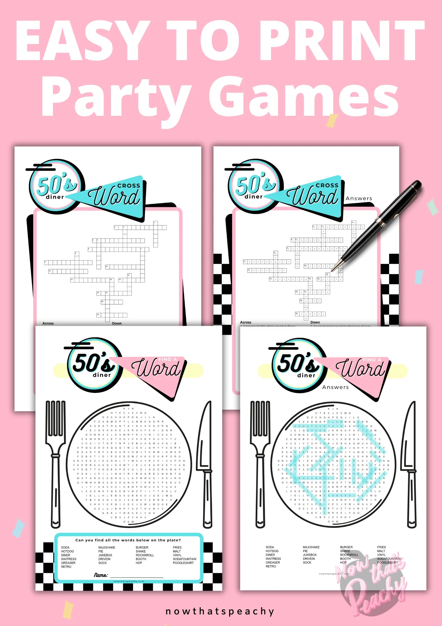 Retro Fun 1950s Diner Crossword Find A Word Game Pack PRINTABLE Now That s Peachy