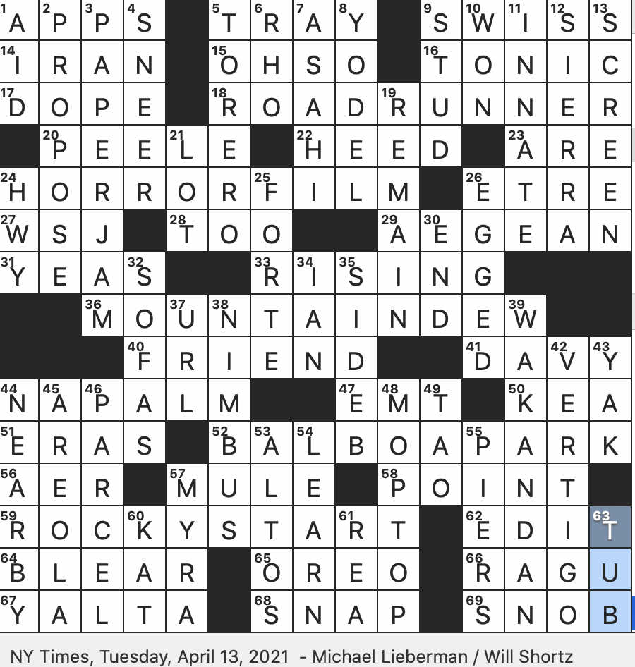 Rex Parker Does The NYT Crossword Puzzle Beverage Brand Whose First Mascot Was Willy The Hillbilly TUE 4 13 21 Coyote Outfoxer In Cartoons Part Of San Diego That s Home To