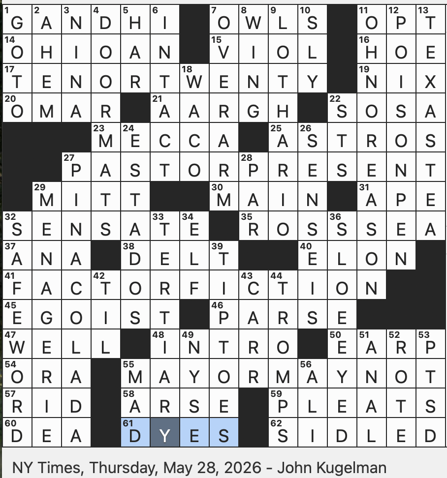 Rex Parker Does The NYT Crossword Puzzle Blue Stop Sign THU 5 28 26 Walking around Money For Pavarotti Icy Passage To Antarctica s McMurdo Station Guardians Of Bushido Tradition Whistling