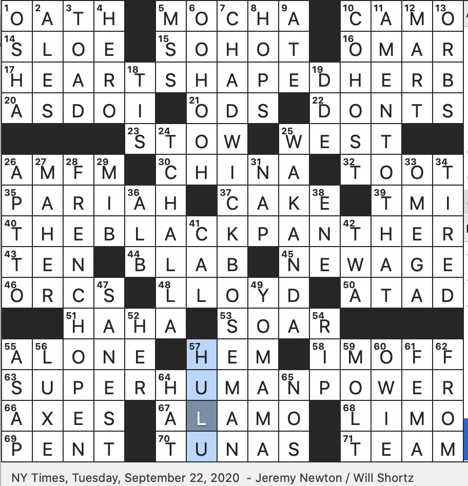 Rex Parker Does The NYT Crossword Puzzle Comic Book Character With Title Role In Blockbuster 2018 Film TUE 9 22 20 Captors Of Frodo Baggins Will Smith Tommy Lee Jones Sci fi Hit For Short