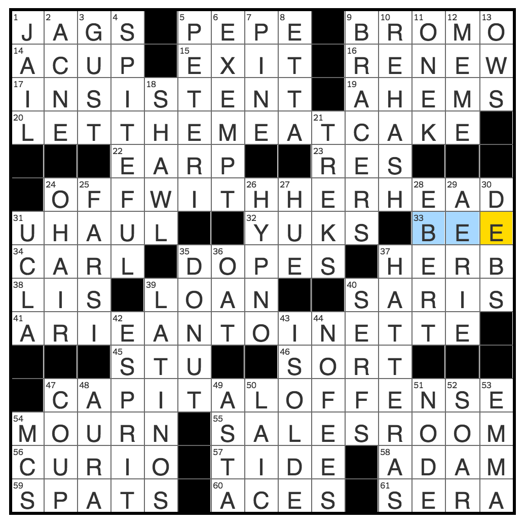Rex Parker Does The NYT Crossword Puzzle Competitor Of Wisk MON 5 1 2017 Short Race Spec Eagle s Home Blood Components Tristan s Beloved Fizzy Headache Remedy Informally
