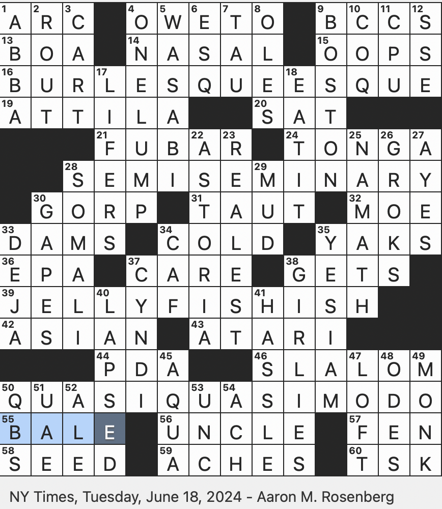 Rex Parker Does The NYT Crossword Puzzle Extremely Damaged In Military Lingo TUE 6 18 24 Kinda Comedic And Saucy Pungent Sushi Condiment Ending With Apple Or Obama Playful Term For One s Female Friends