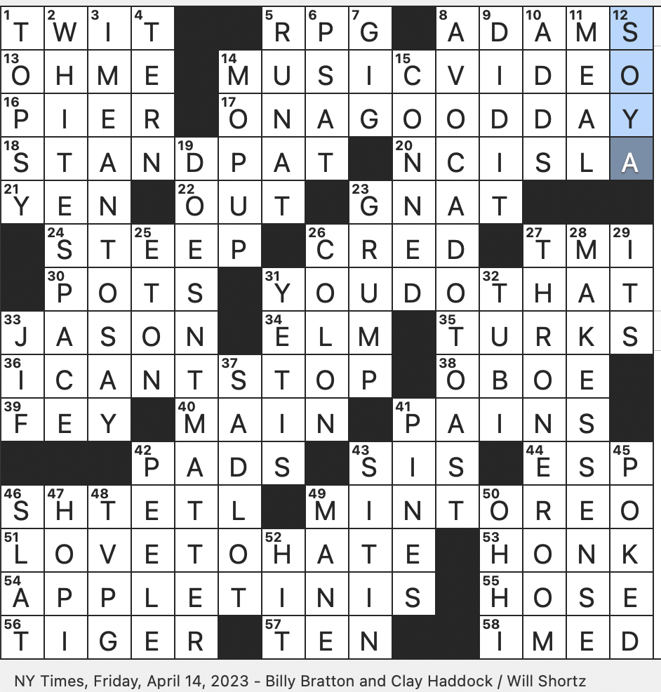 Rex Parker Does The NYT Crossword Puzzle Feline Friend Of Tom On Tom And Jerry FRI 4 14 23 Once trendy Green Cocktails Heckelphone Relative Old Jewish Enclave Bro Hugger
