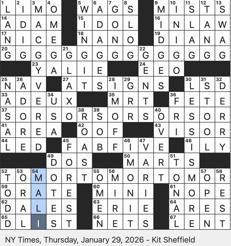 Rex Parker Does The NYT Crossword Puzzle Five Train In Brooklyn THU 1 29 26 Like A Listening Device Made Out Of A Paper Clip A Plastic Straw And Seven Lego Blocks 