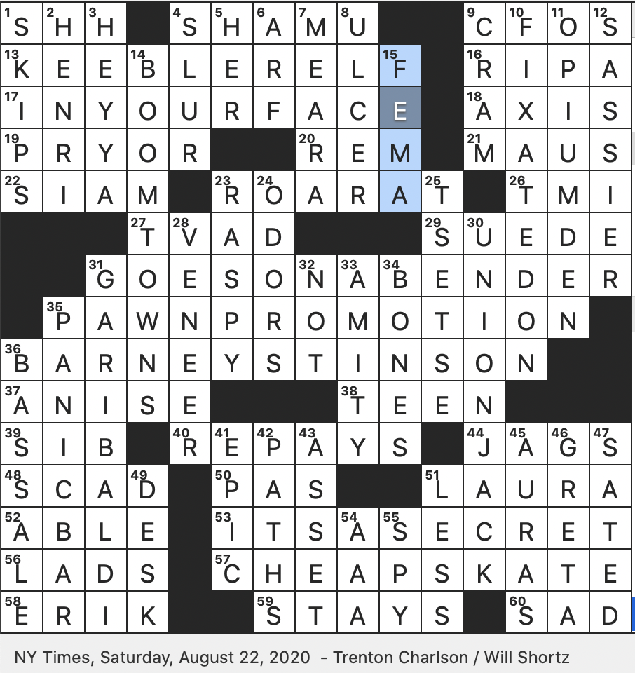 Rex Parker Does The NYT Crossword Puzzle Food Mascot In Green Suit Jacket SAT 8 22 20 Performer For Whom San Diego Stadium Was Named Beer With Triangular Logo Giuseppe
