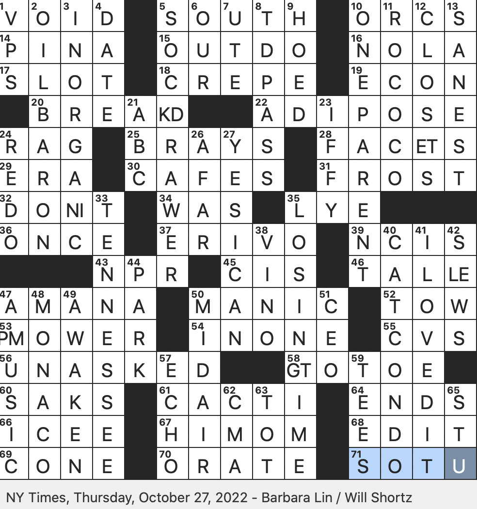 Rex Parker Does The NYT Crossword Puzzle Item Of Feline Furniture THU 10 27 22 Direction For Snowbirds Complains Donkey style Tiny Pedestals Of A Sort Prosecco O Chianti