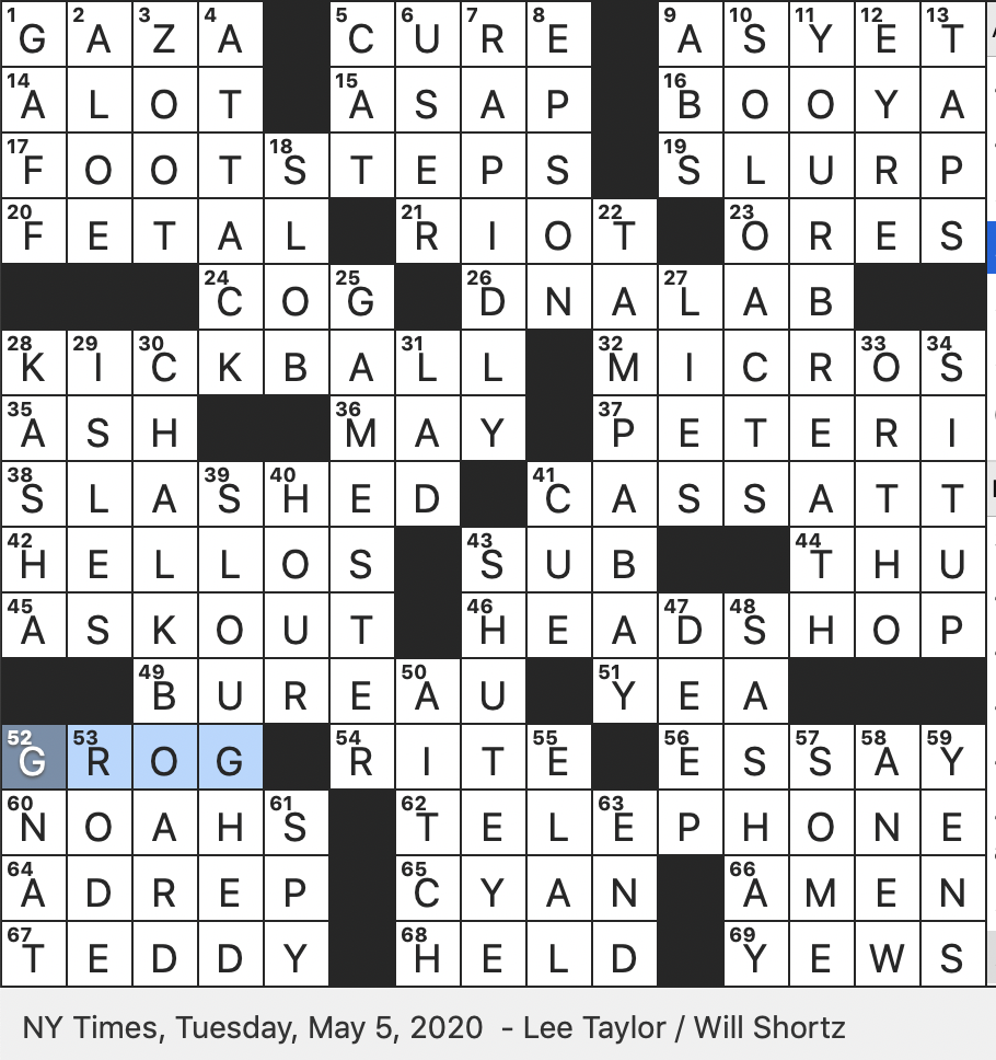 Rex Parker Does The NYT Crossword Puzzle Swabbie s Liquor Allotment Once TUE 5 5 20 Purveyor Of Drug Paraphernalia Galena Sphalerite Buckwheat Porridge