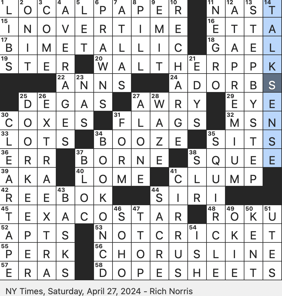 Rex Parker Does The NYT Crossword Puzzle Unfair To Brits SAT 4 27 24 Pistol Used By James Bond NASA Rocket Name Since 1957 Hybrid Shape With Straight Edges And