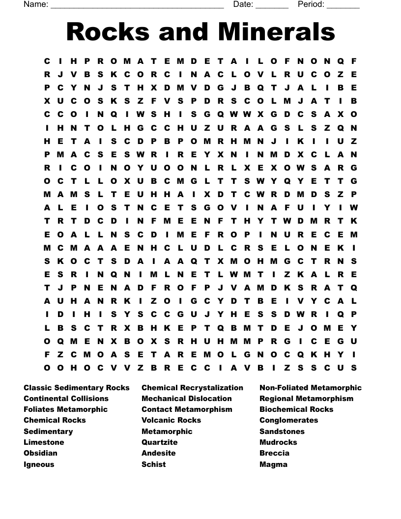 Rocks And Minerals Word Search WordMint