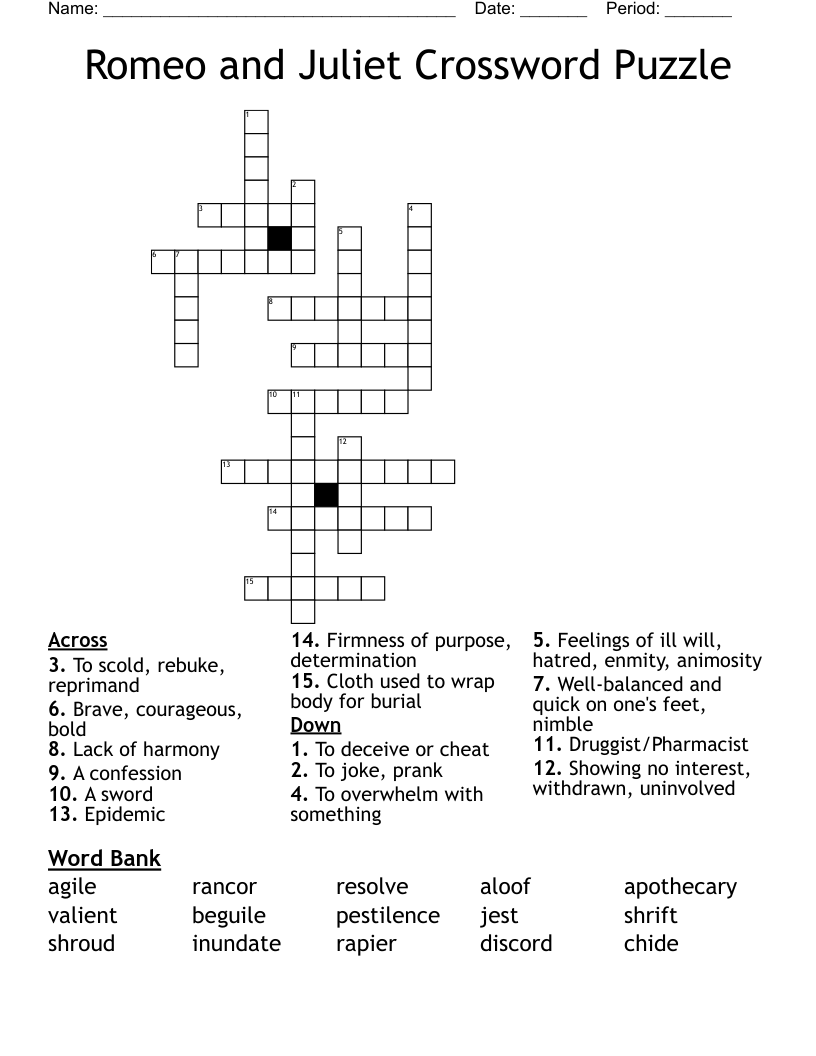 Romeo And Juliet Crossword Puzzle WordMint