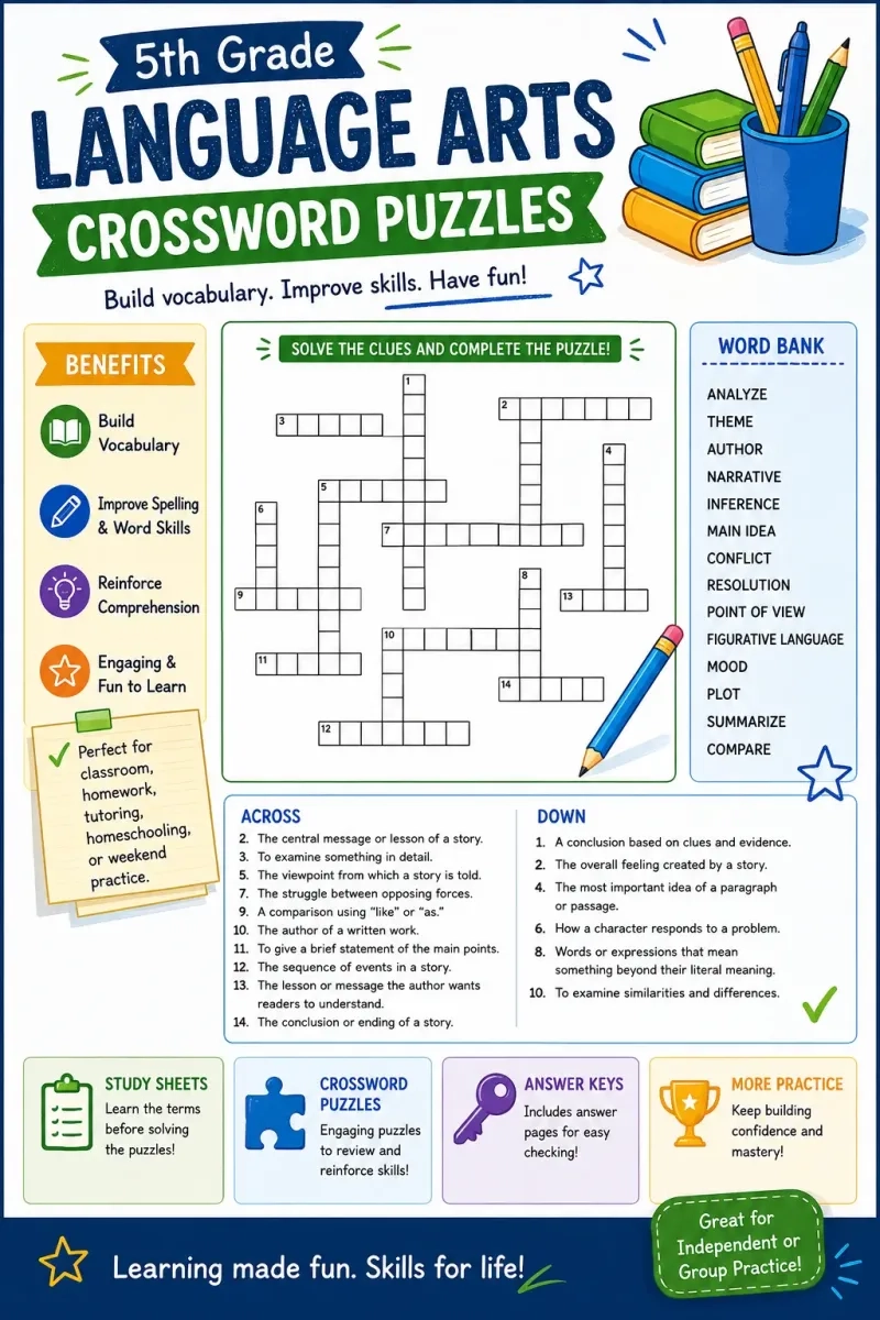 Rudolph Academy Free Printable Worksheets Vocabulary Games 5th Grade Language Arts Crossword Puzzles