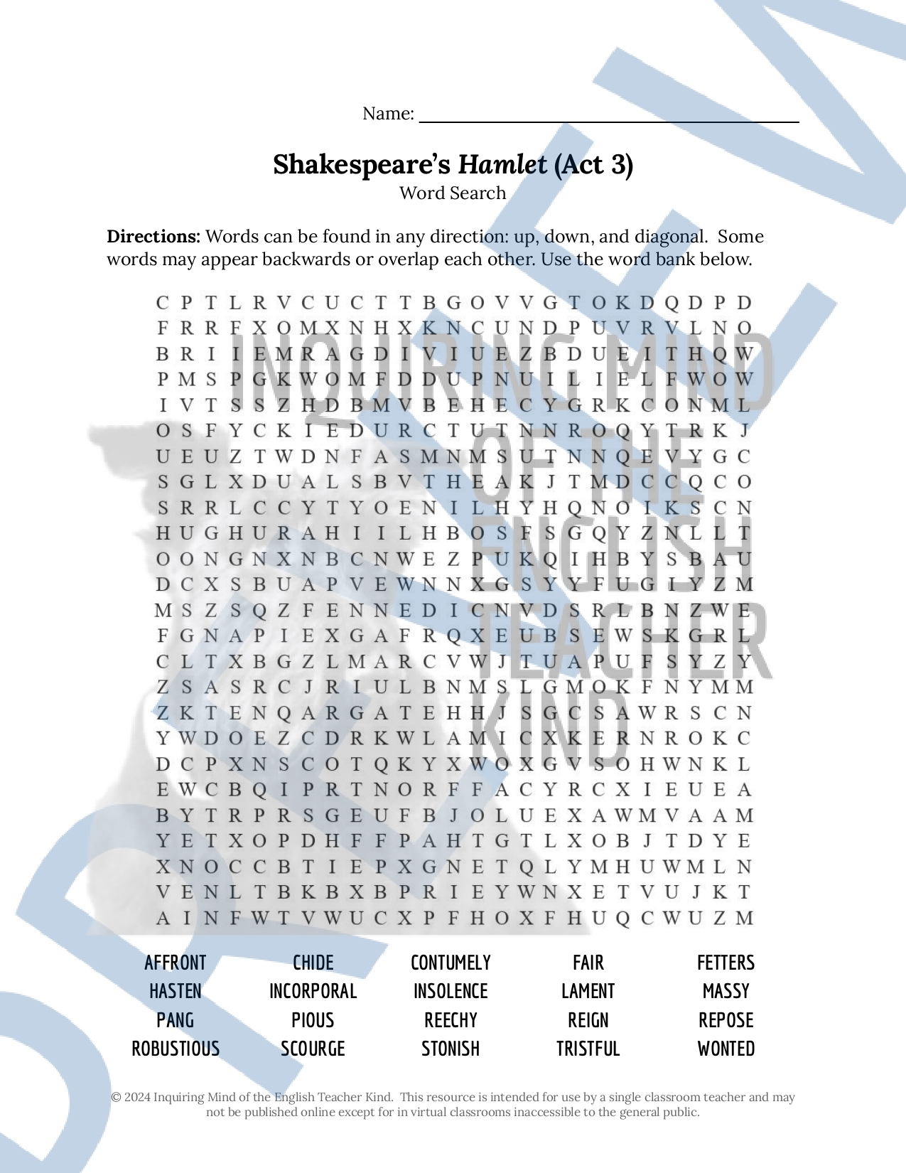 Shakespeare s Hamlet Act 3 Vocabulary Games For High School Classful
