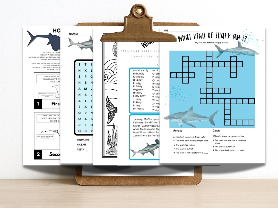Shark Birthday Game Printable Fun Pack Mazes Crossword digital Download Etsy