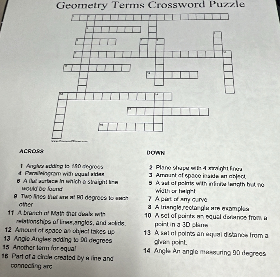 Solved Geometry Terms Crossword Puzzle ACROSS DOWN 1 Angles Adding To 180 Degrees 2 Plane Shape Math 