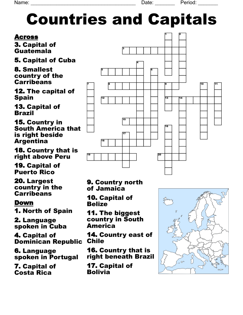 South America Countries And Capitals Crossword WordMint