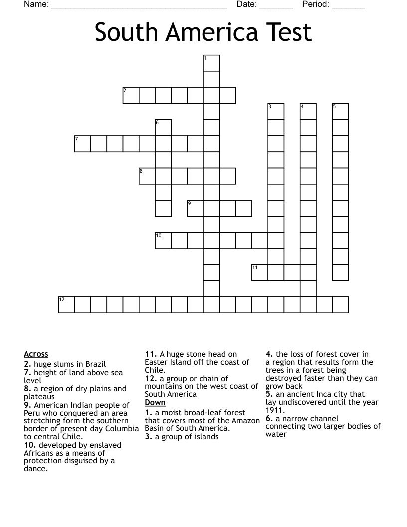 South America Test Crossword WordMint