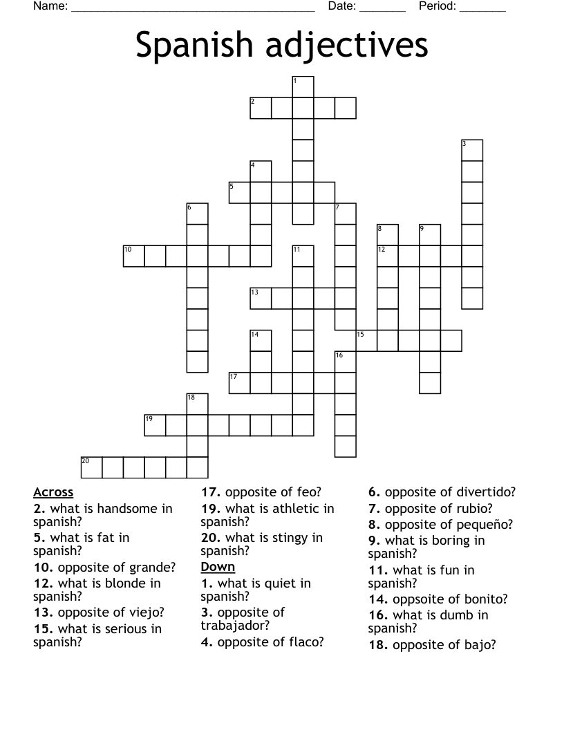 Spanish Adjectives Crossword WordMint