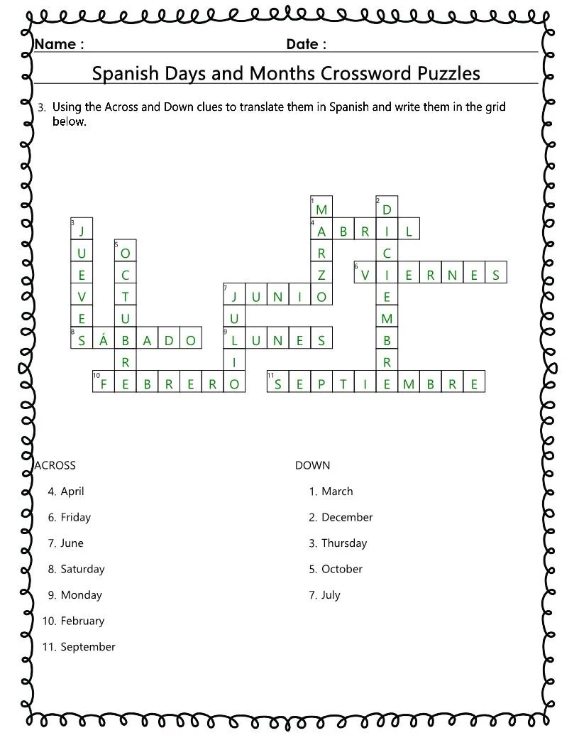 Spanish Days Months Crossword Puzzles Learn Spanish printable Activity Etsy New Zealand