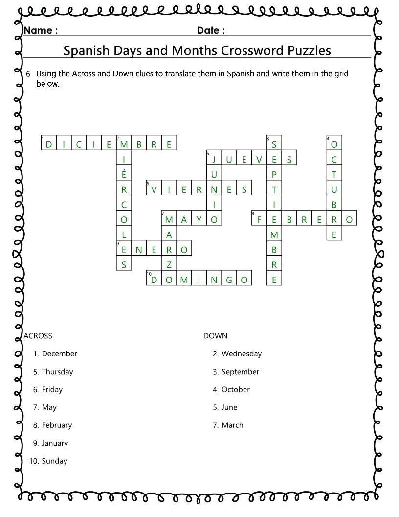 Spanish Days Months Crossword Puzzles Learn Spanish printable Activity Etsy