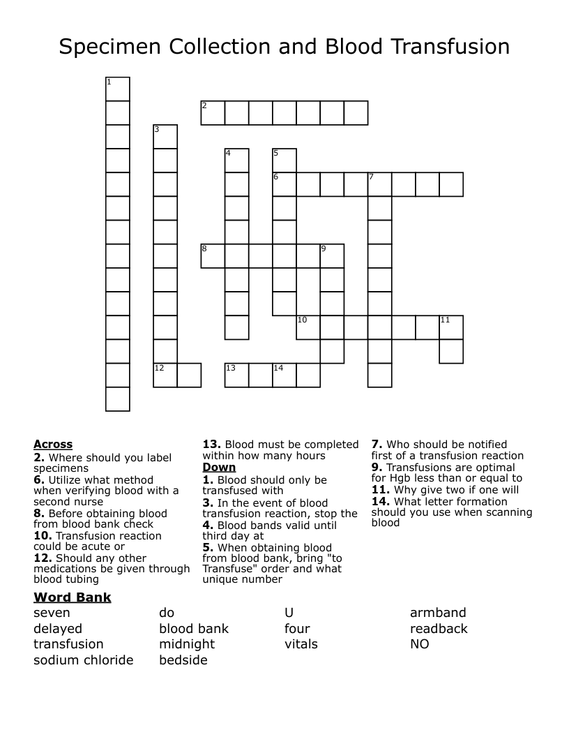 Specimen Collection And Blood Transfusion Crossword WordMint