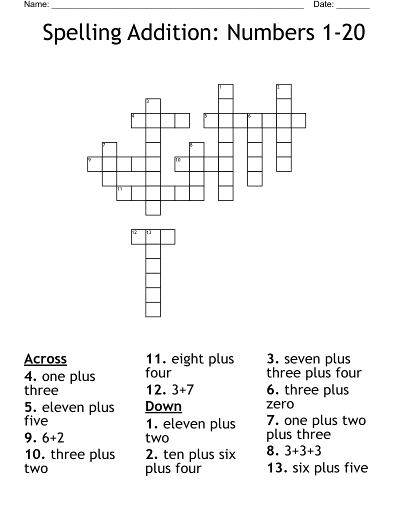Spelling Addition Numbers 1 20 Crossword WordMint