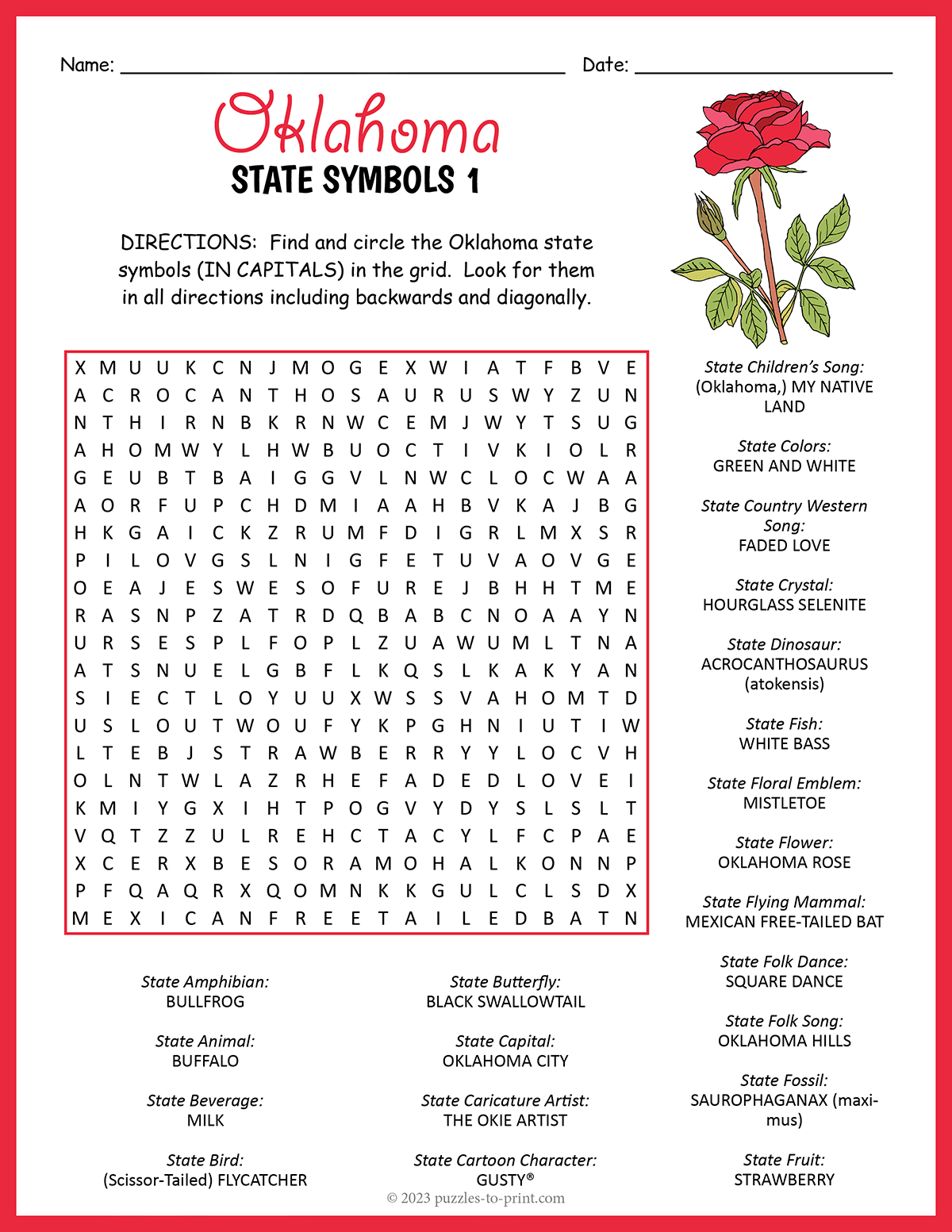 State Symbols Of Oklahoma Word Search State Symbols Of Oklahoma Word Search