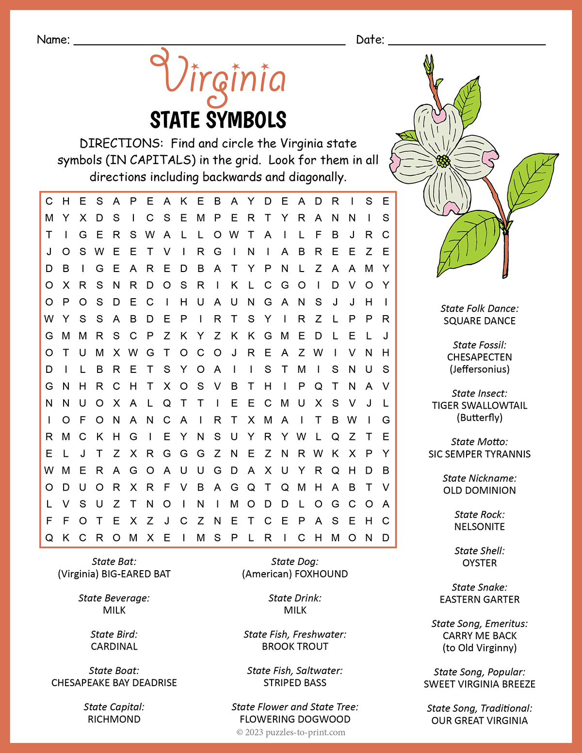 State Symbols Of Virginia Word Search