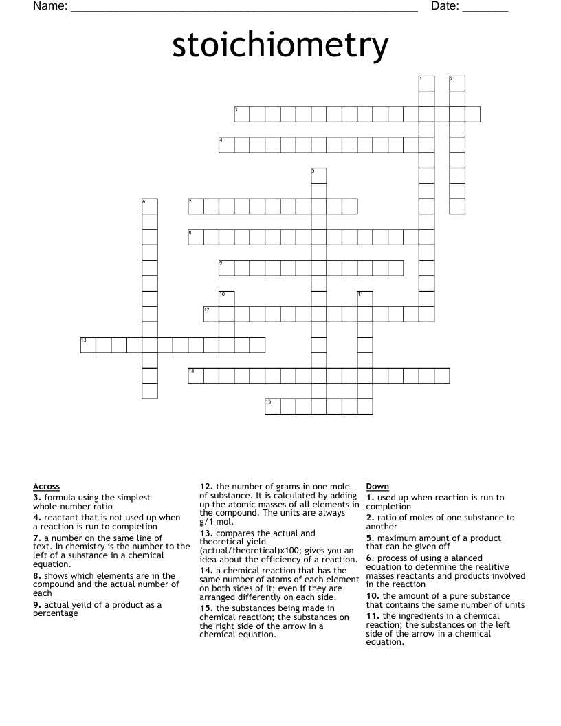 Stoichiometry Crossword WordMint