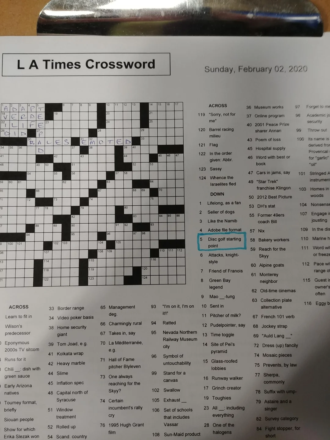 Sunday LA Times Crossword Puzzle R discgolf