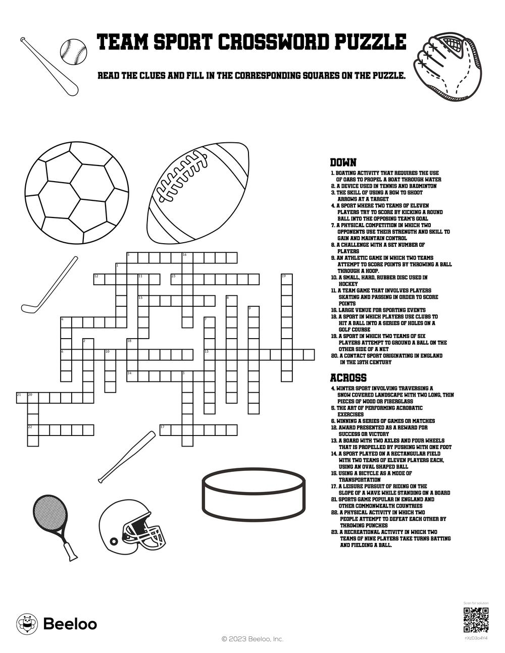 Team Sport Crossword Puzzle Beeloo Printable Crafts And Activities For Kids