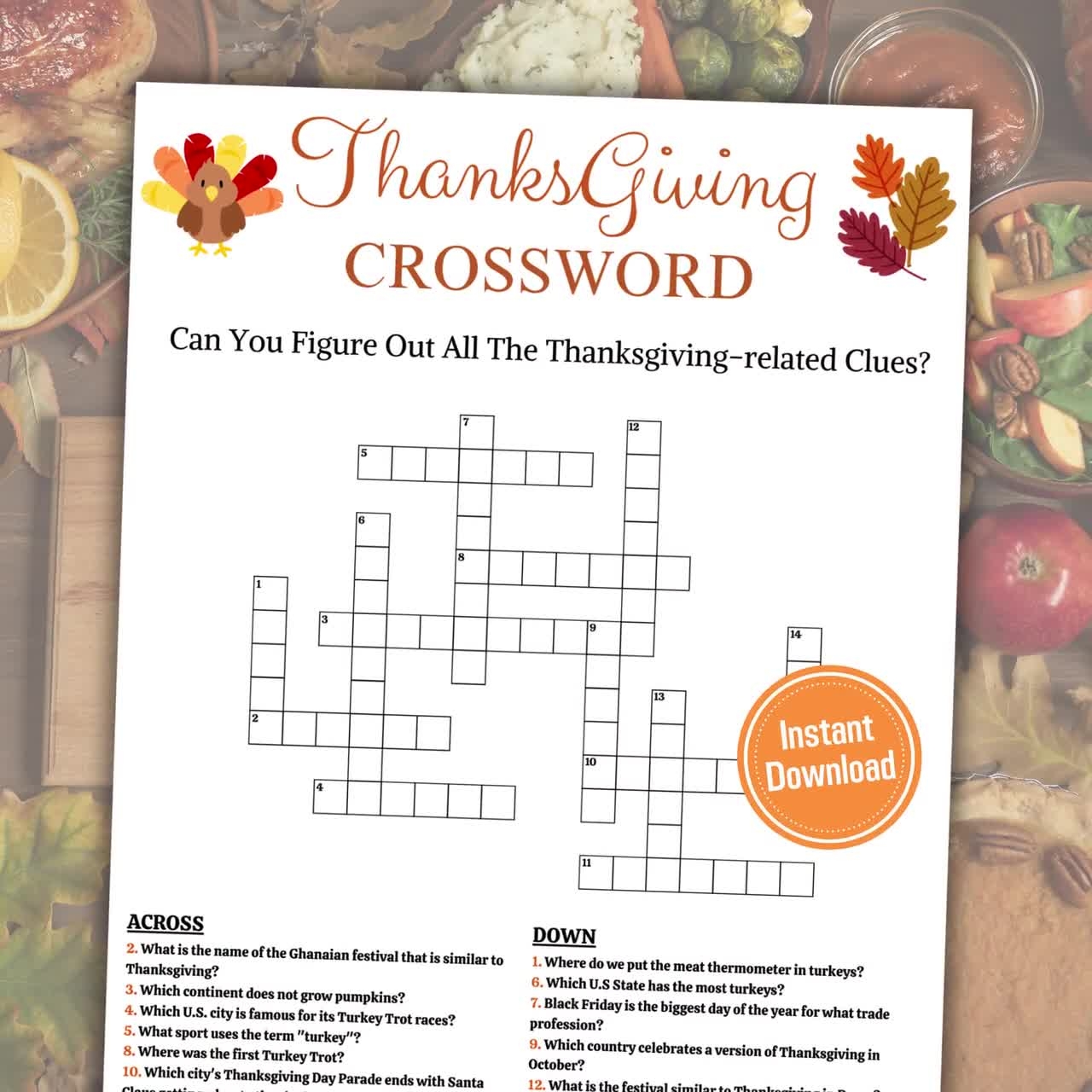 Thanksgiving Crossword Game Printable Thanksgiving Word Puzzle Thanksgiving Party Game For All Ages Fall Crossword Clues To Solve Etsy