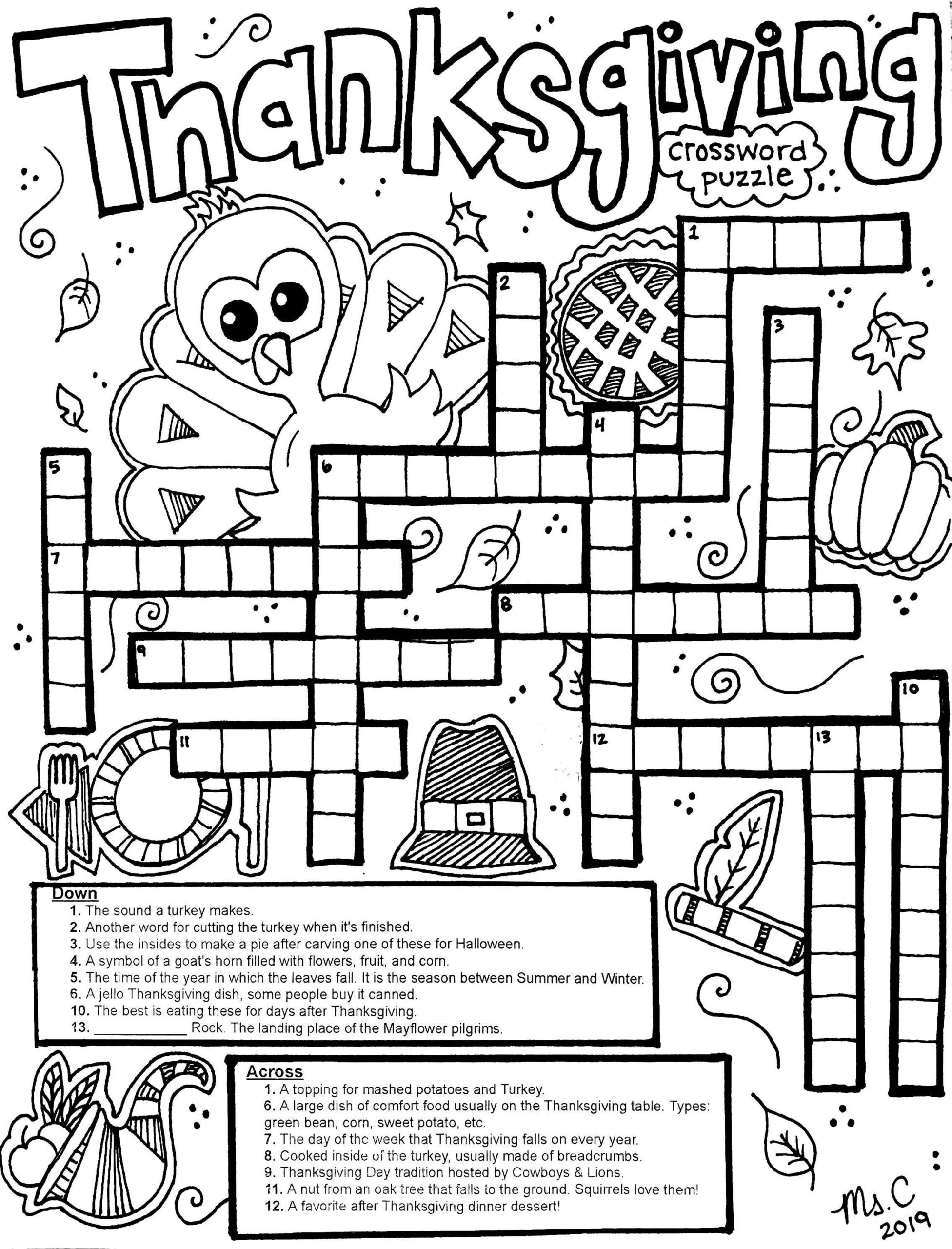 Thanksgiving Crossword Puzzle Coloring Sheet By Art With Ms C TPT