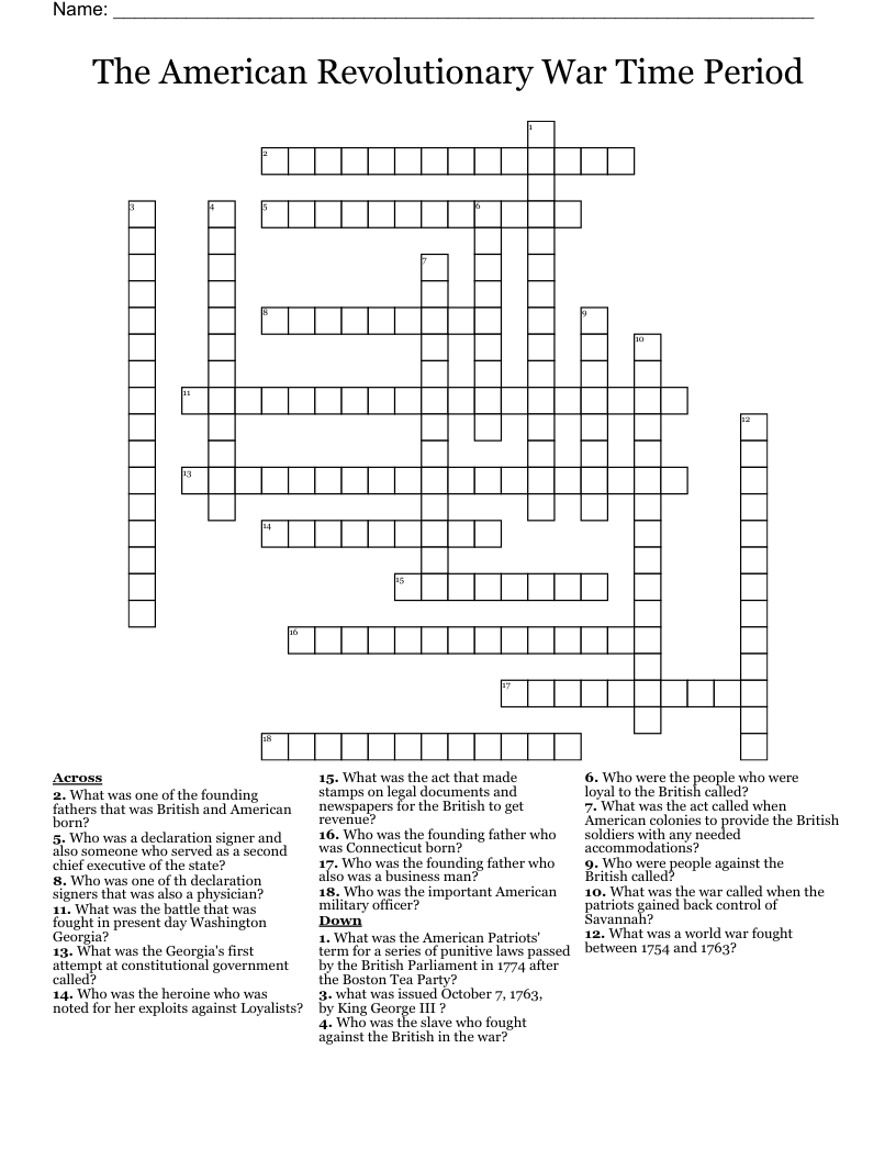The American Revolutionary War Time Period Crossword WordMint The American Revolutionary War Time Period Crossword WordMint