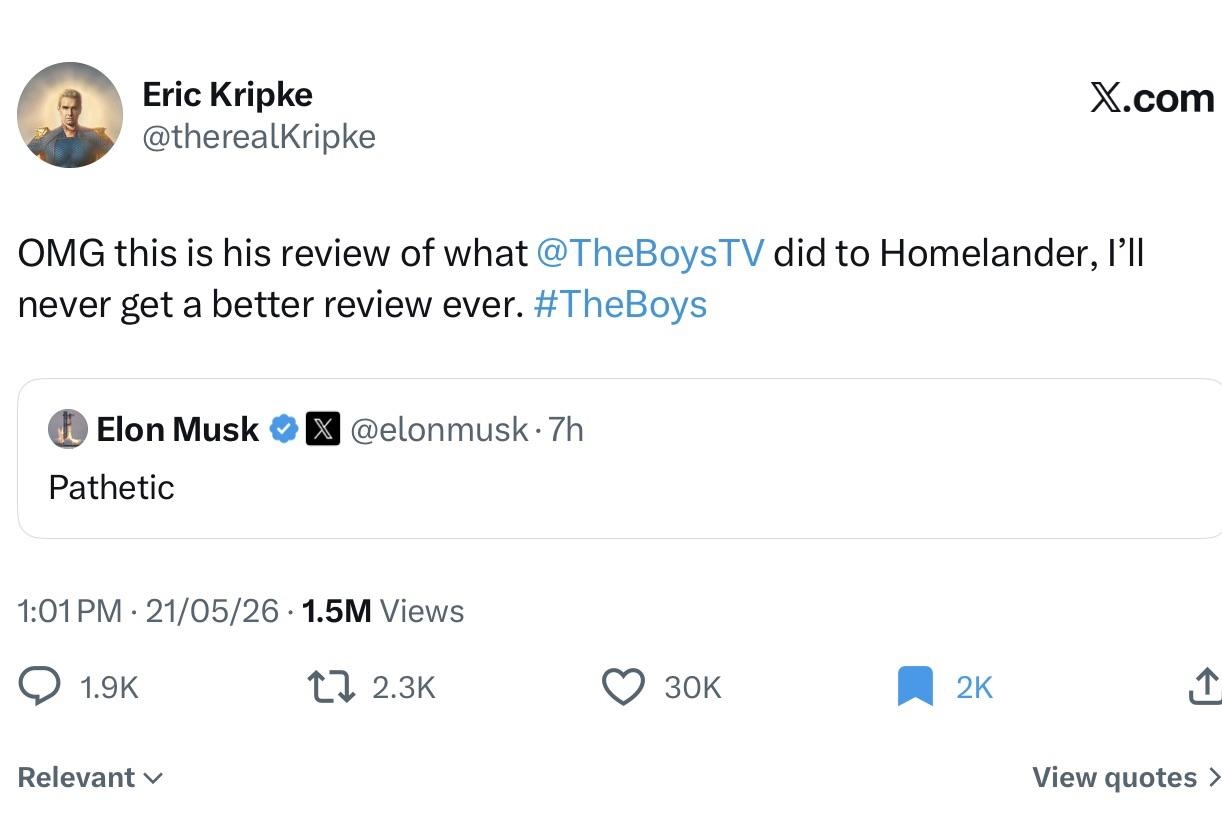 The Boys Creator Eric Kripke Claps Back At Elon Musk For Calling Its Series Finale Which Featured A Parody Of Him pathetic R Fauxmoi