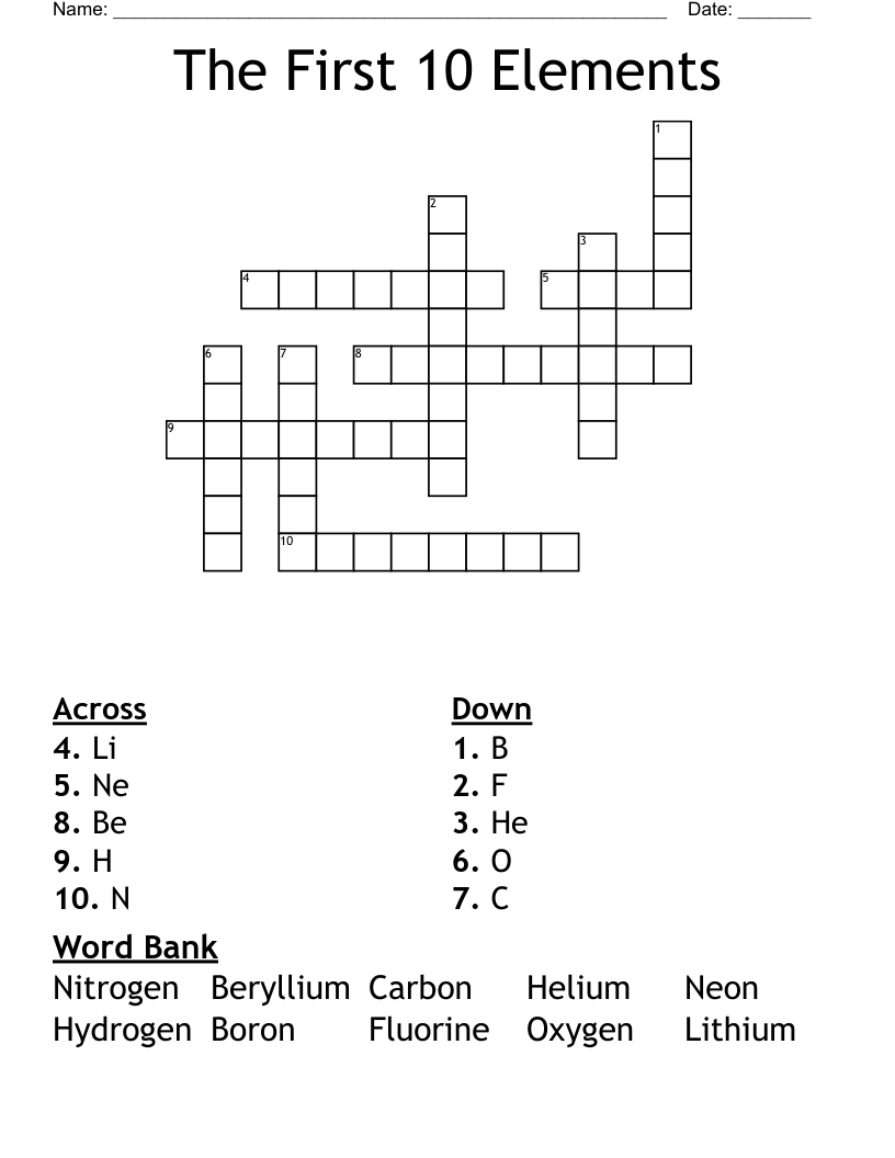 The First 10 Elements Crossword WordMint