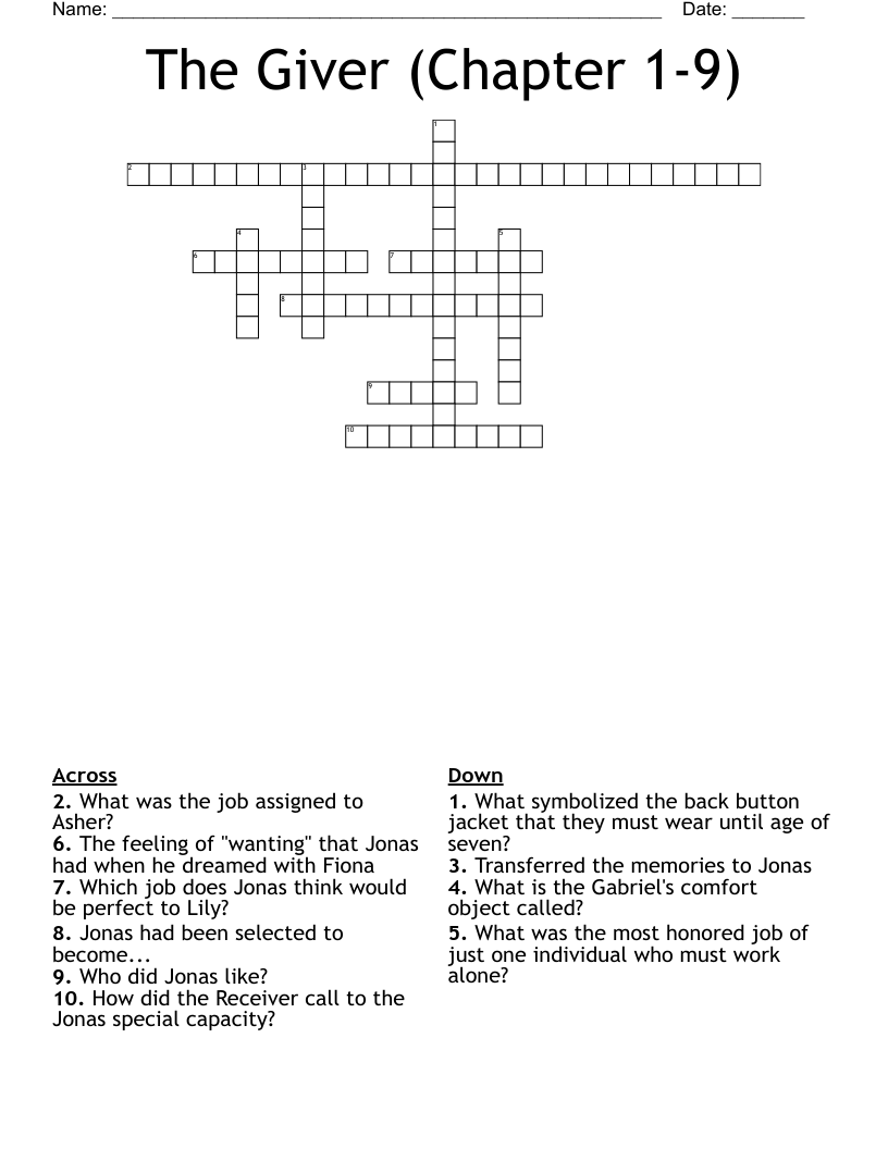 The Giver Chapter 1 9 Crossword WordMint