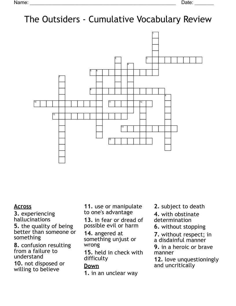 The Outsiders Cumulative Vocabulary Review Crossword WordMint
