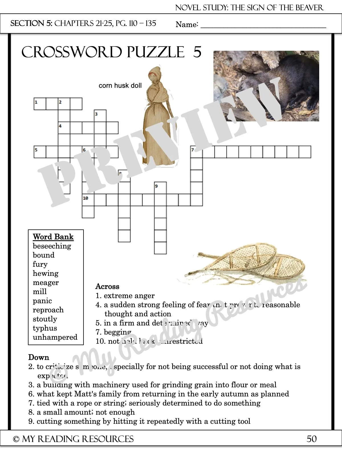 The Sign Of The Beaver Section Quizzes Crossword Puzzles My Reading Resources