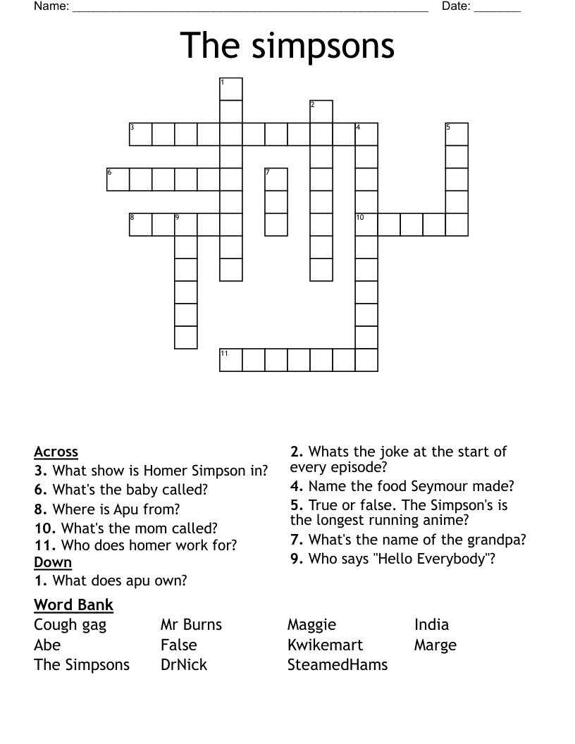 The Simpsons Crossword WordMint The Simpsons Crossword WordMint