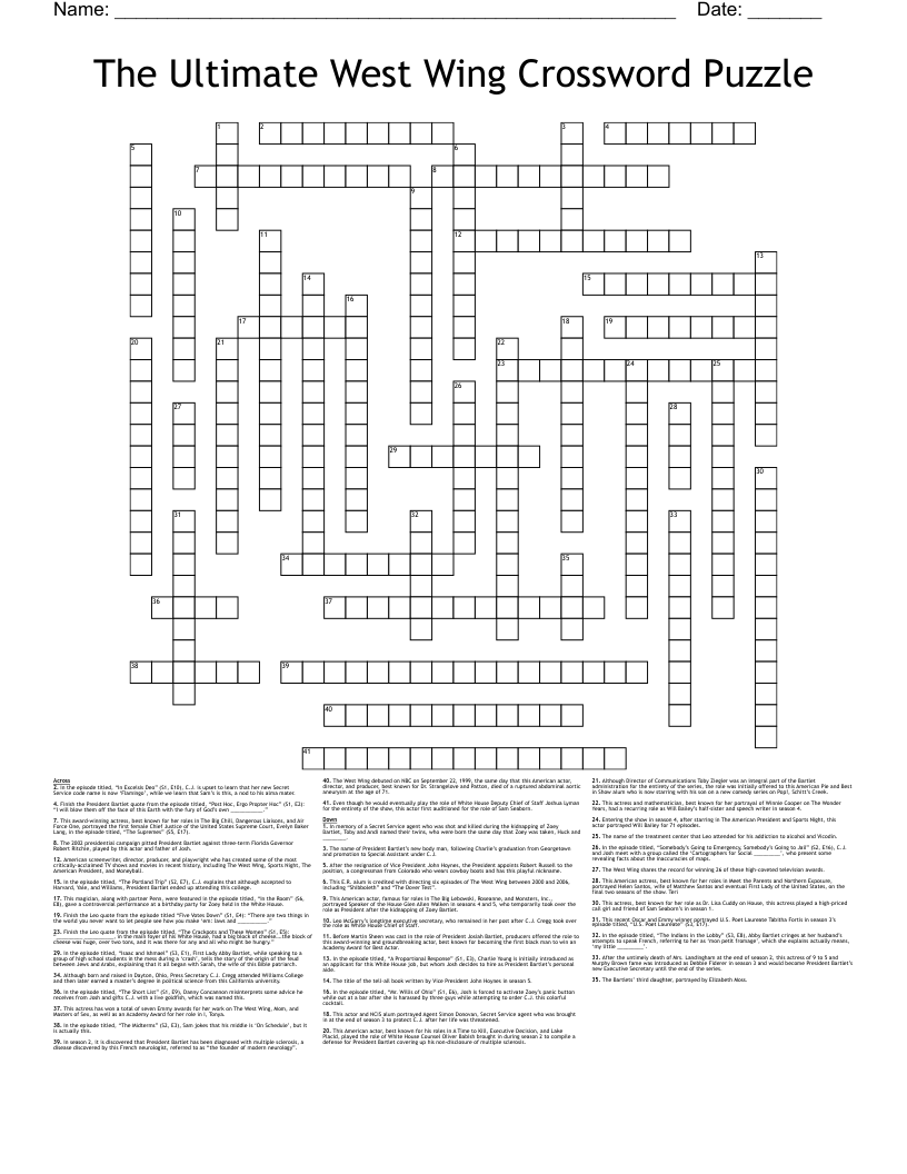 The Ultimate West Wing Crossword Puzzle WordMint The Ultimate West Wing Crossword Puzzle WordMint