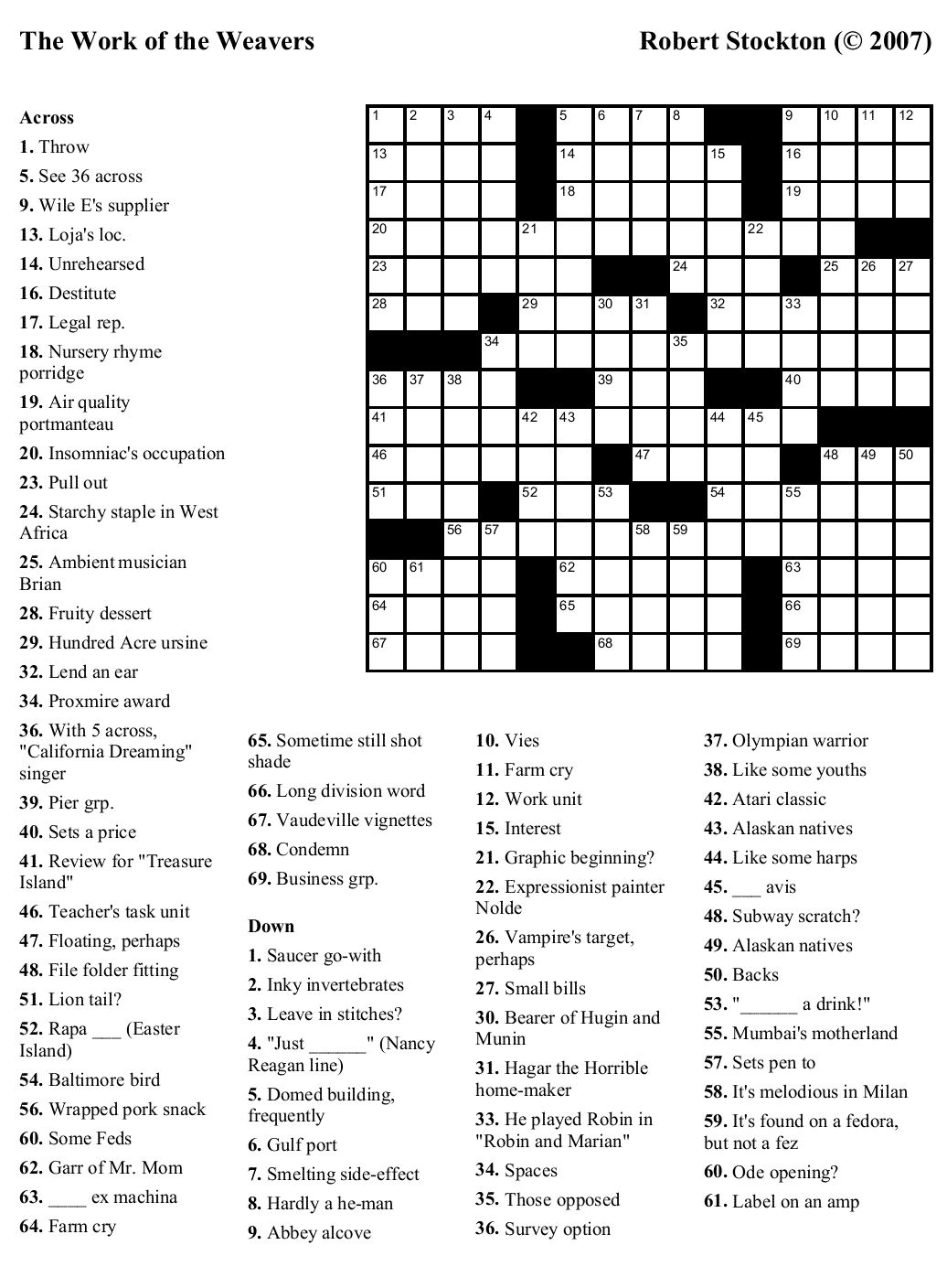 Thomas Joseph Crossword Printable Version