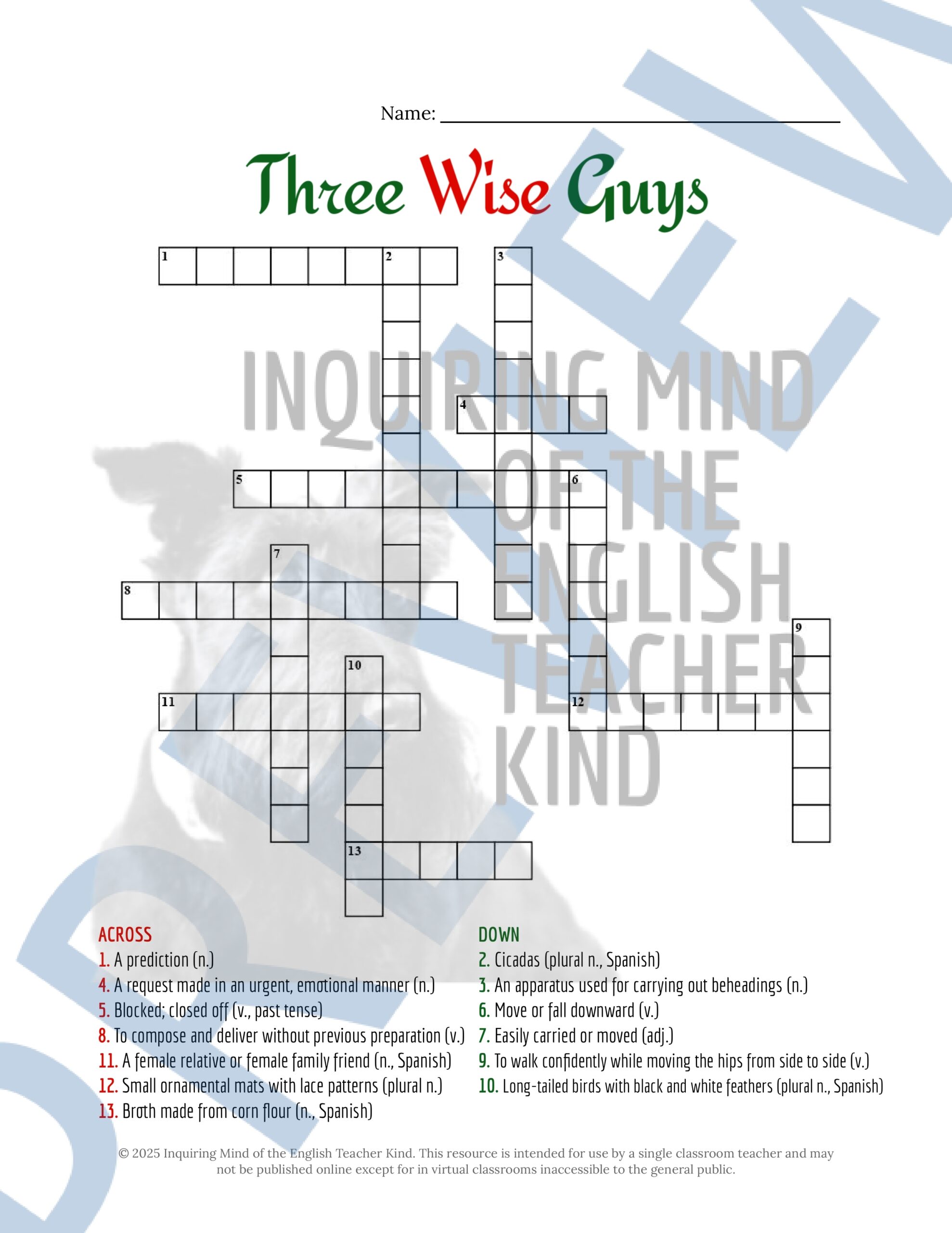 Three Wise Guys By Sandra Cisneros Vocabulary Games Christmas Short Story Teaching Resources